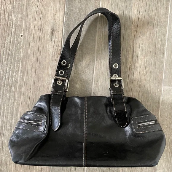 FRANCESCO BIASIA Black Leather Unconstructed Handbag w/Zippered Sides - Picture 7 of 10